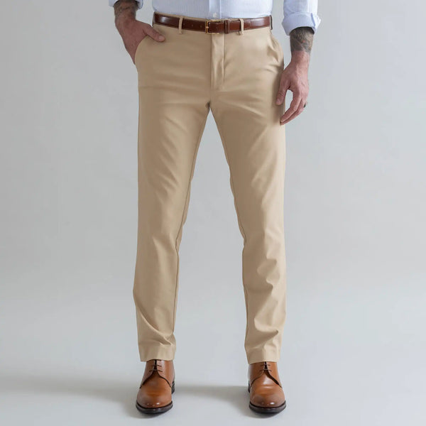 Ledbury Khaki Performance Richmond Sport Chino Custom Pant — full front view, moisture-wicking advanced polyester, made to order