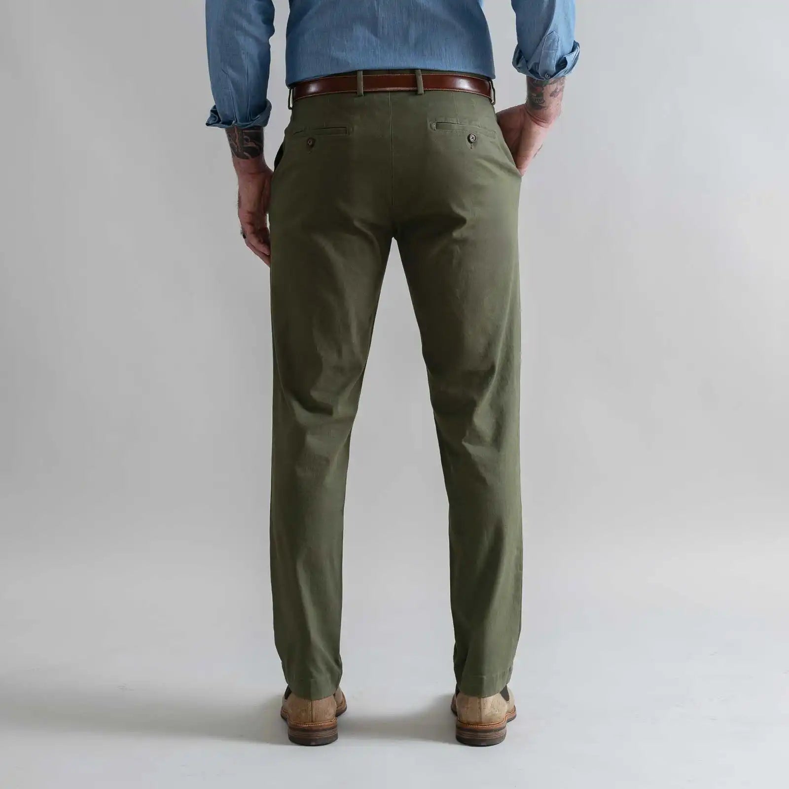 Custom fit dark olive chino pant modern fit detail