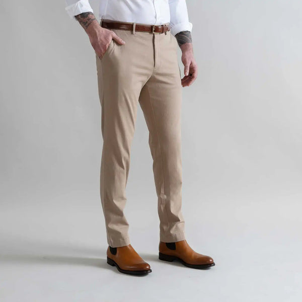 Dark khaki chino with 3% stretch cotton twill fabric