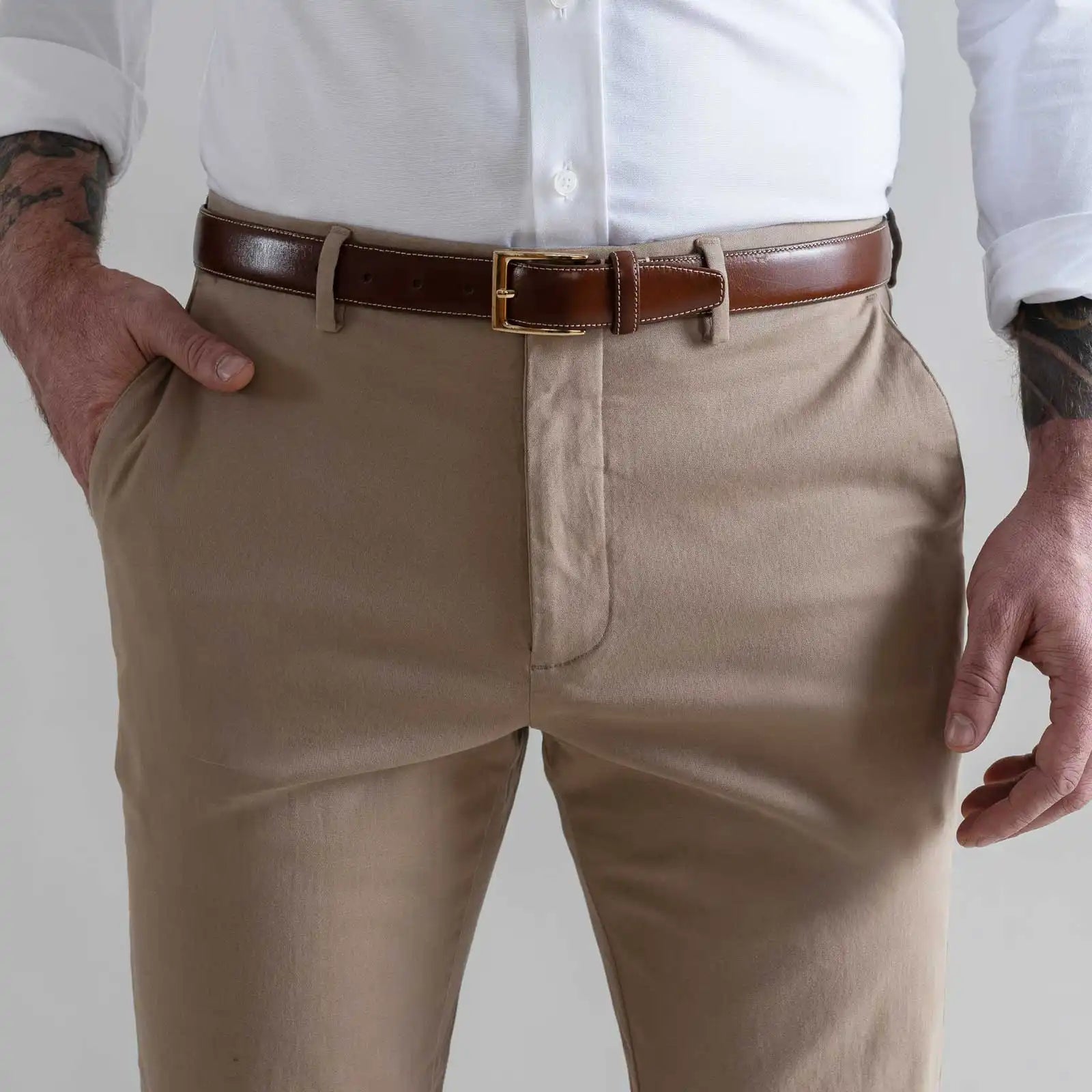 Dark khaki Richmond chino close up waist detail