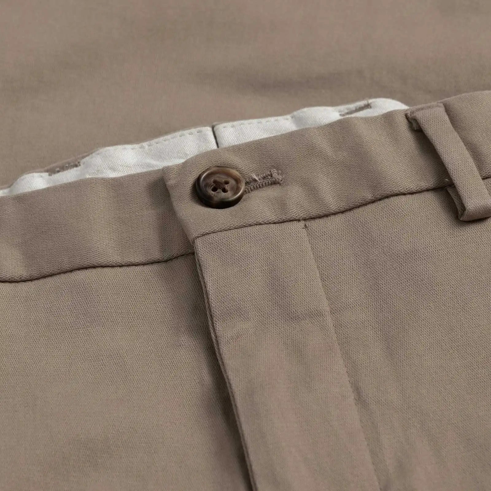 Stretch cotton twill chino waist construction close-up - dark khaki