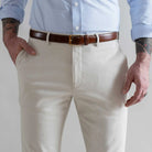 Stretch cotton twill chino fabric close-up - light khaki