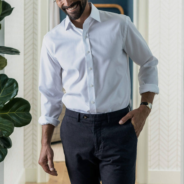 Man wearing white Madison dress shirt - lightweight custom fit business shirt