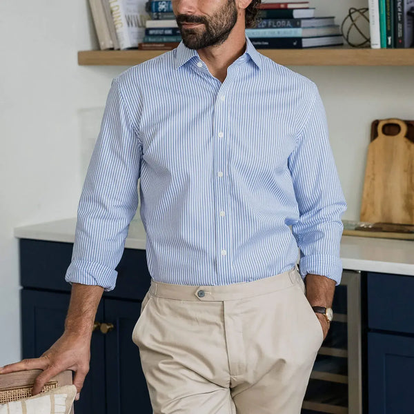 Custom fit striped dress shirt lifestyle - guaranteed to fit perfectly