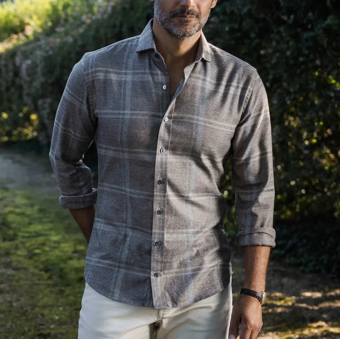 Man wearing soft brown flannel shirt - Hartmann custom fit casual shirt