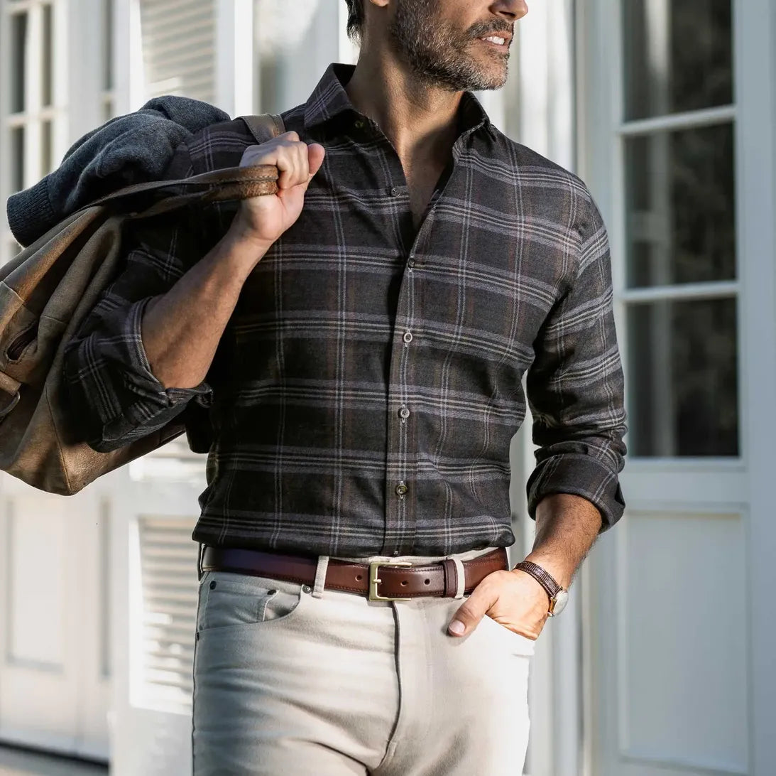 Man wearing hickory flannel shirt - Hartmann custom fit casual shirt