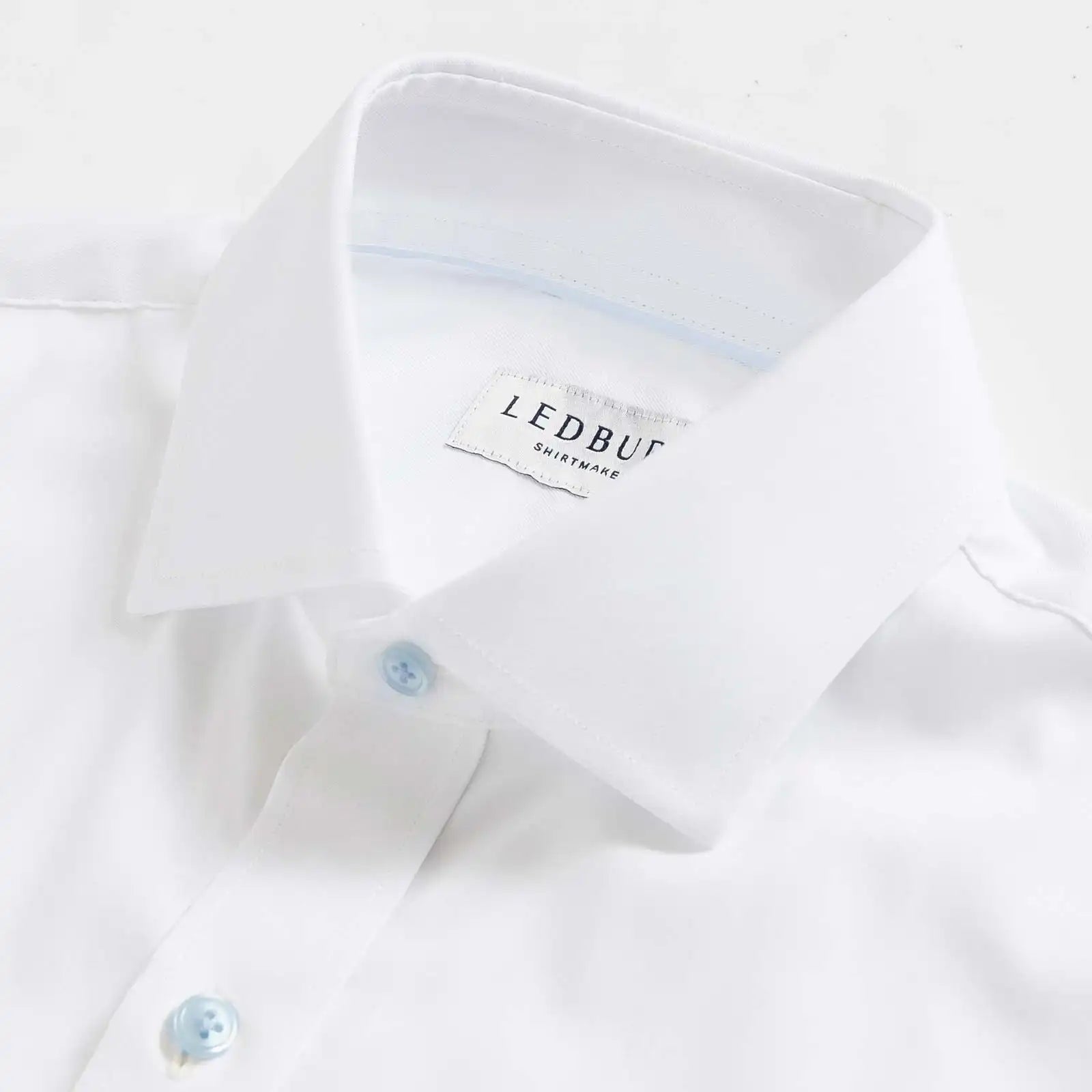 The White Journey Flex Performance with Light Blue Buttons Custom Shirt Custom Dress Shirt- Ledbury