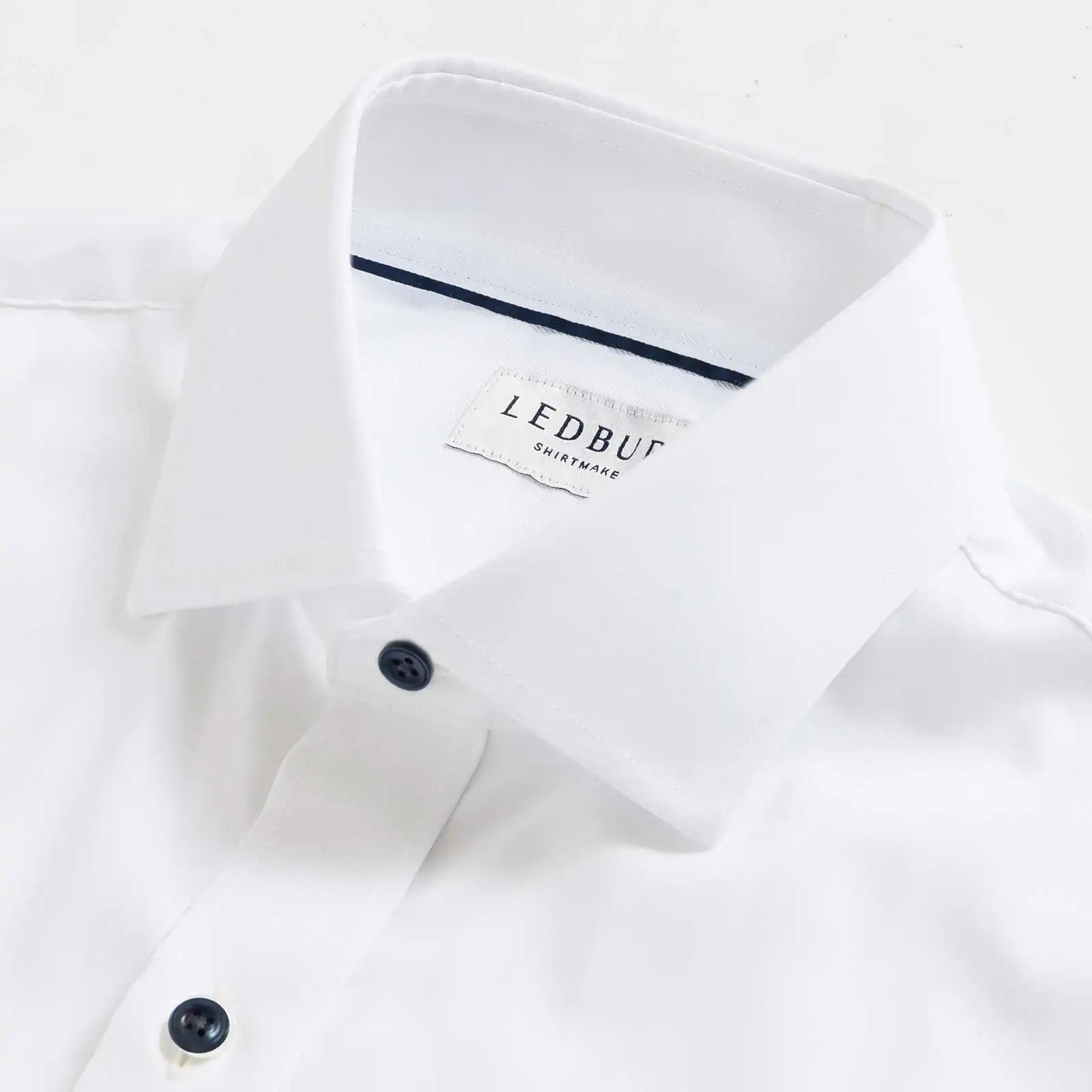 The White Journey Flex Performance with Navy Buttons Custom Shirt Custom Dress Shirt- Ledbury