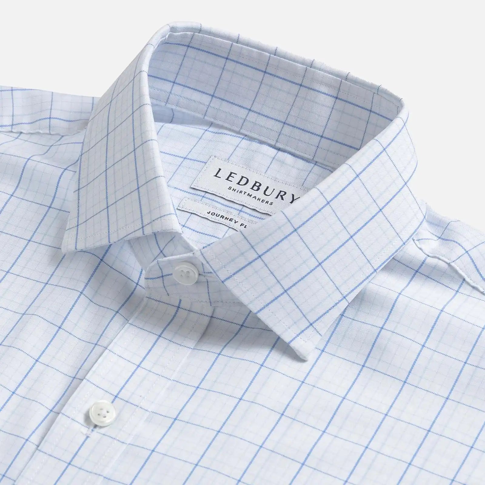 Blue windowpane dress shirt collar detail – Ledbury Journey Flex reinforced collar