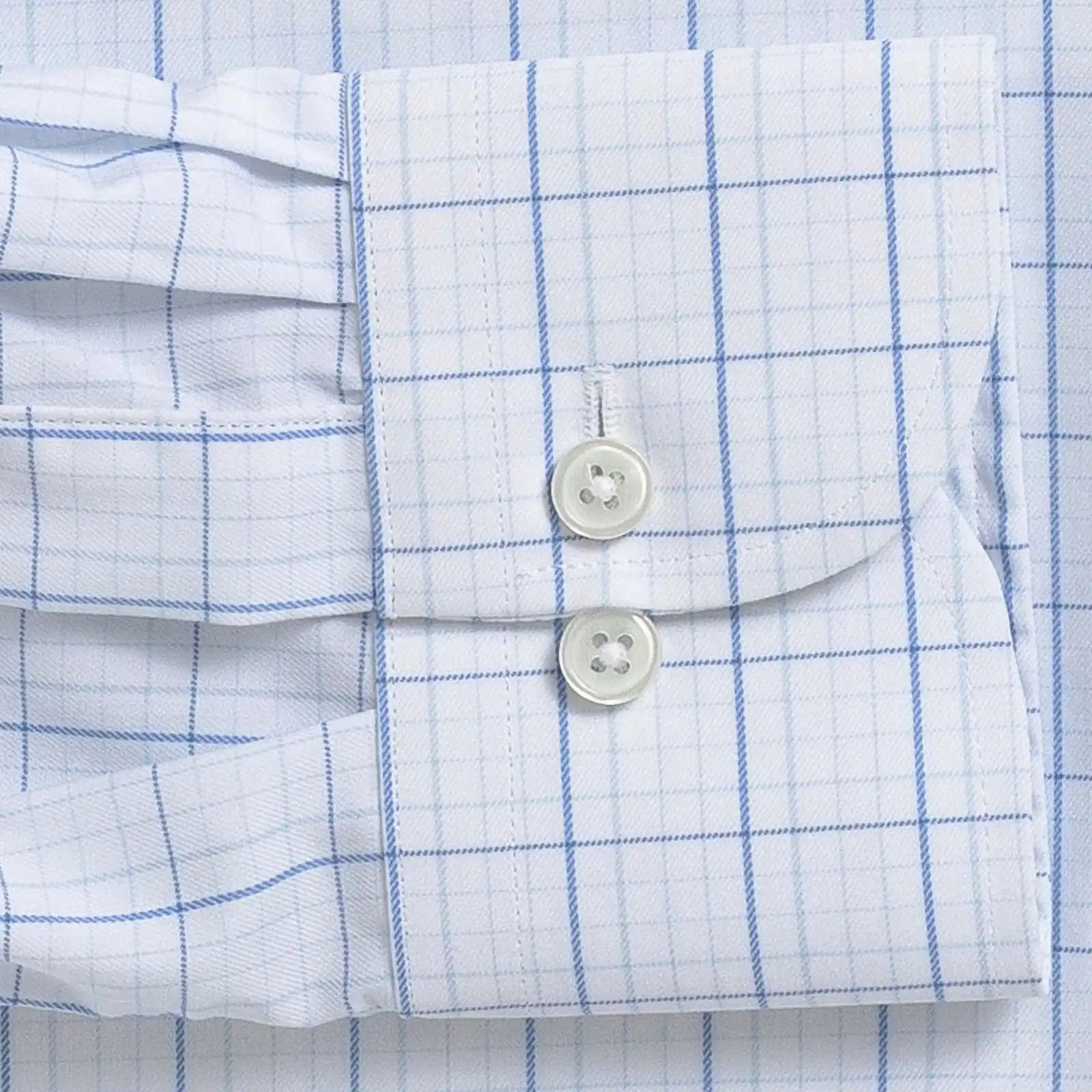 Blue windowpane dress shirt sleeve detail – Ledbury Journey Flex custom fit