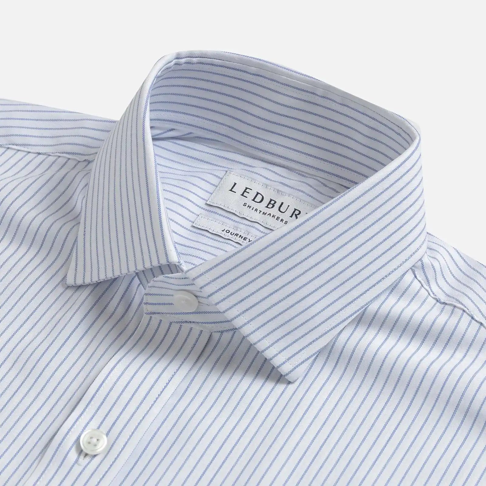 Blue stripe dress shirt collar detail – Ledbury Journey Flex reinforced collar