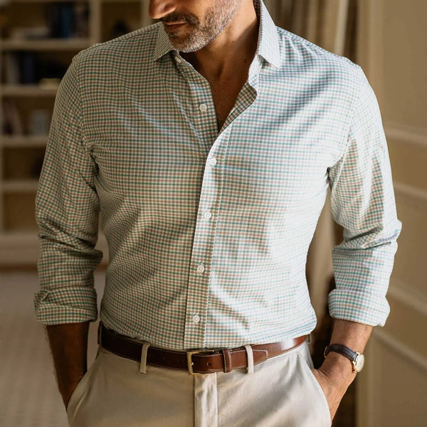 Man wearing green Journey Flex performance tattersall dress shirt - wrinkle-resistant stretch fabric