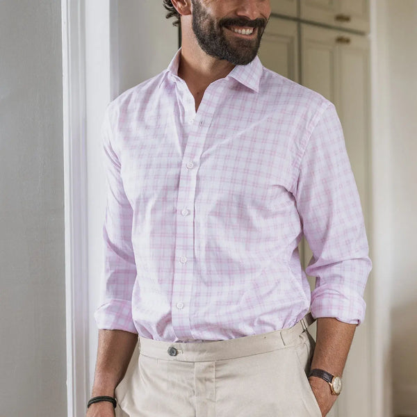 Man wearing pink plaid dress shirt - Ledbury Ellis custom fit