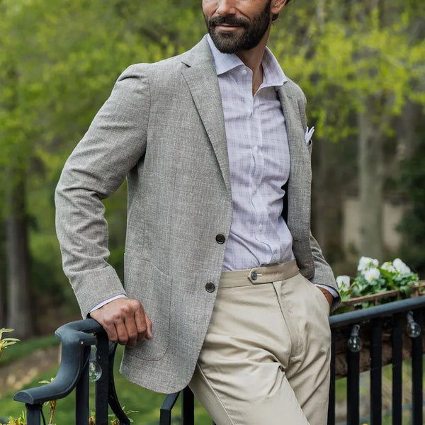 Man wearing tan plaid dress shirt - Ledbury Ellis custom fit