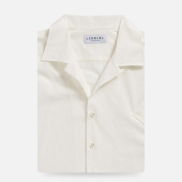 Cream oxford chambray camp collar shirt, front view, lightweight slub cotton, worn untucked | Ledbury