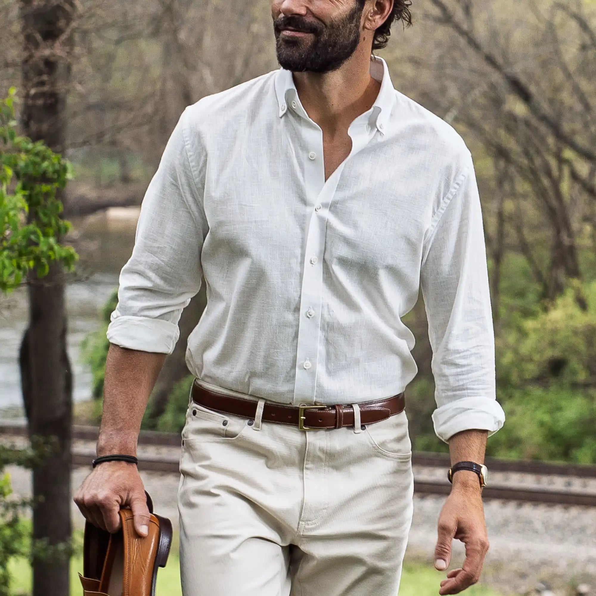 Man wearing cream Sandoval oxford chambray shirt - Ledbury custom casual shirt lifestyle