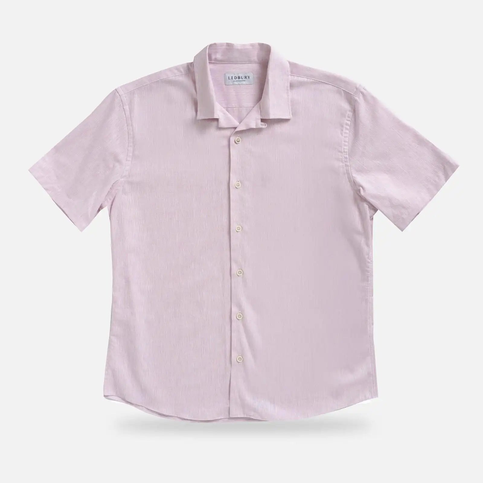 Pink Sandoval Camp Collar shirt flat lay — slub cotton oxford chambray texture in pink