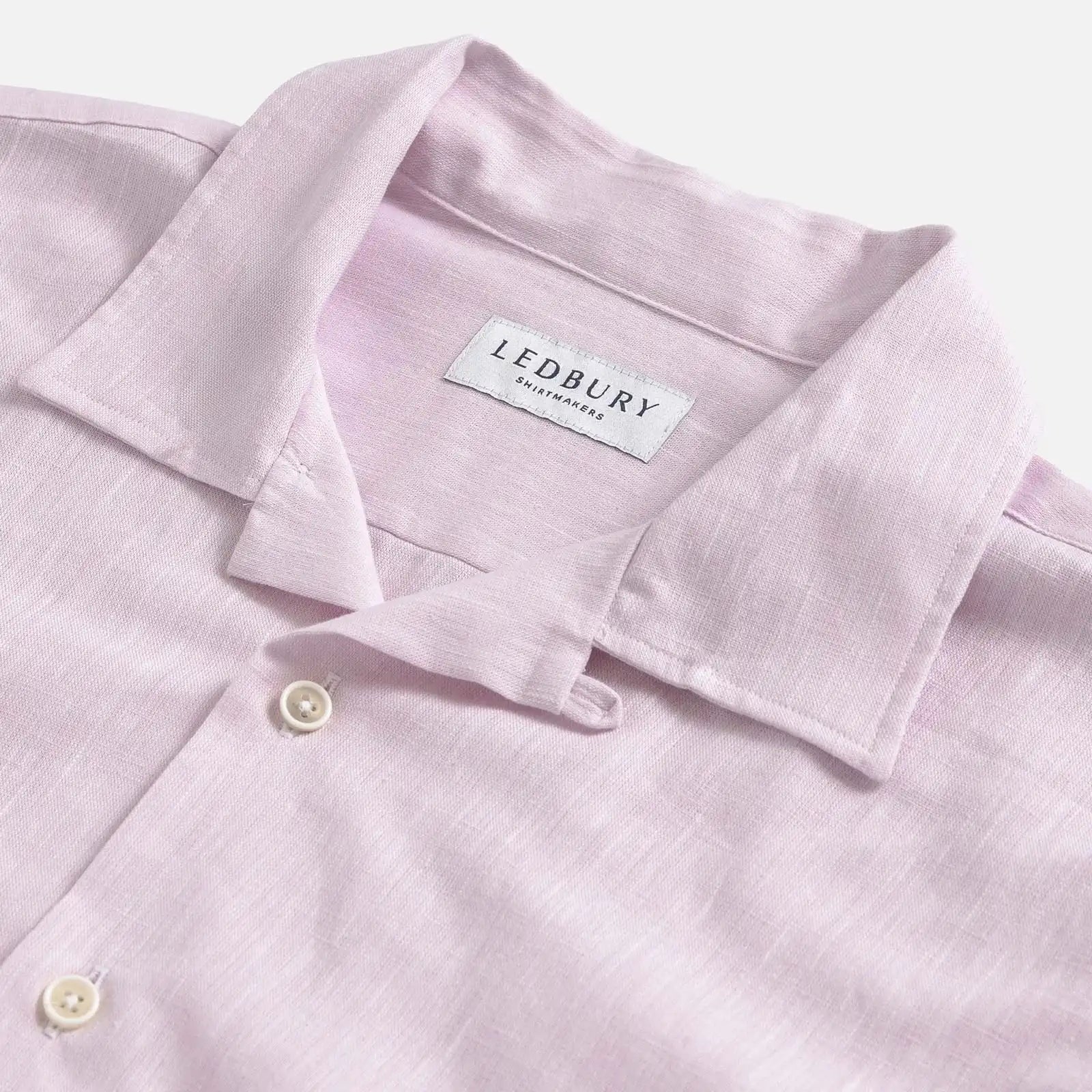 Camp collar detail on the Pink Sandoval — open, flat-lying collar in slub cotton chambray