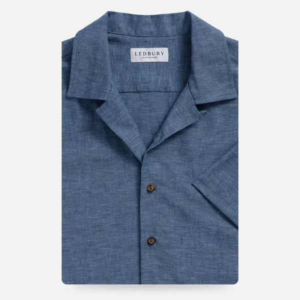 Medium blue Sandoval camp collar short sleeve custom shirt front view - Ledbury casual shirt