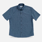 Medium Blue Sandoval Oxford Chambray short sleeve shirt laid flat — slub cotton fabric detail, Ledbury