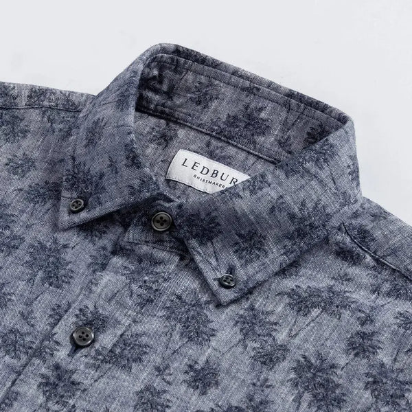 Vintage navy Sandoval palm print shirt collar and button detail - Ledbury short sleeve custom shirt construction