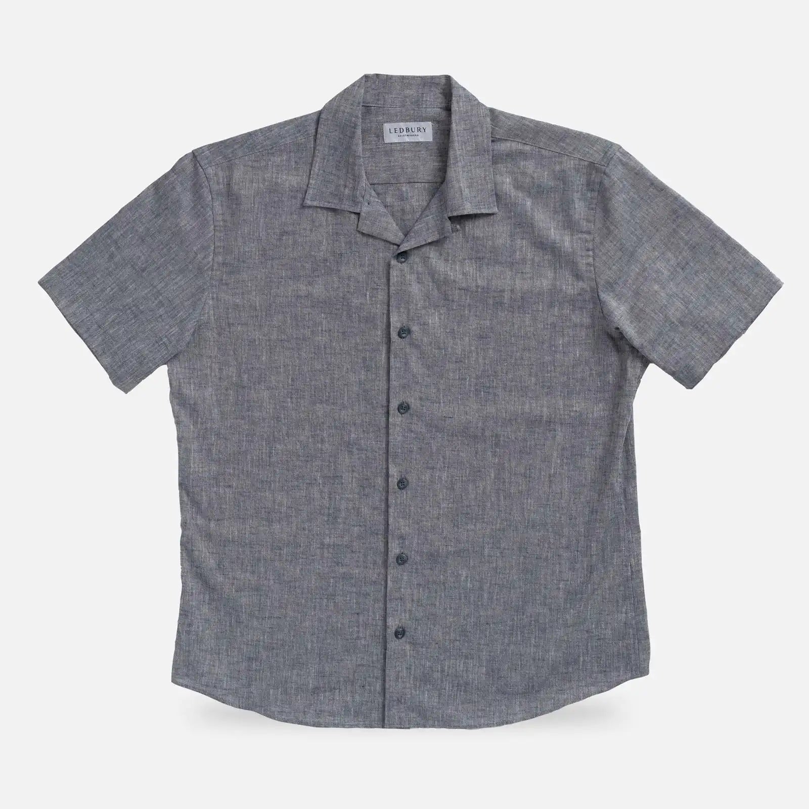 Navy Blue Sandoval Camp Collar shirt flat lay — slub cotton oxford chambray texture in navy blue