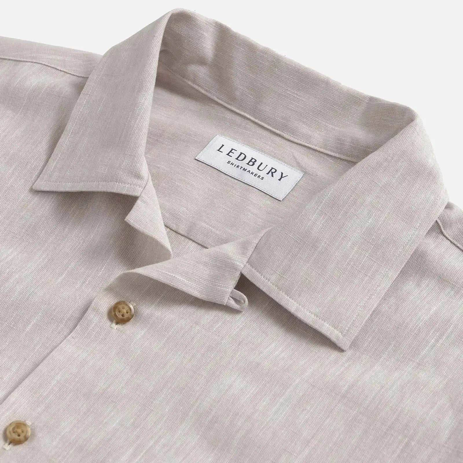 Camp collar detail on the Ecru Sandoval — open, flat-lying collar in slub cotton chambray