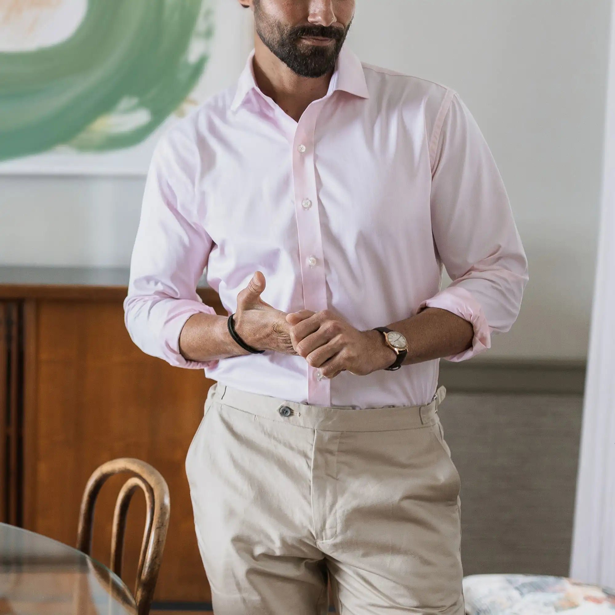 Man wearing pink dress shirt - Signature fine twill custom fit business shirt