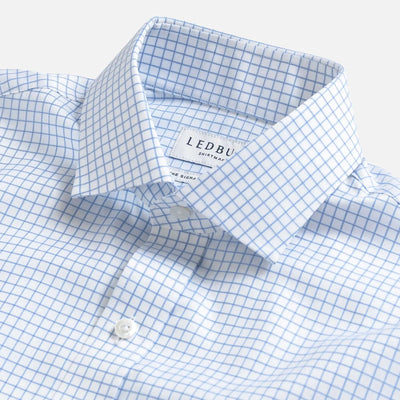 Light blue dress shirt collar with grid check pattern - fine twill detail