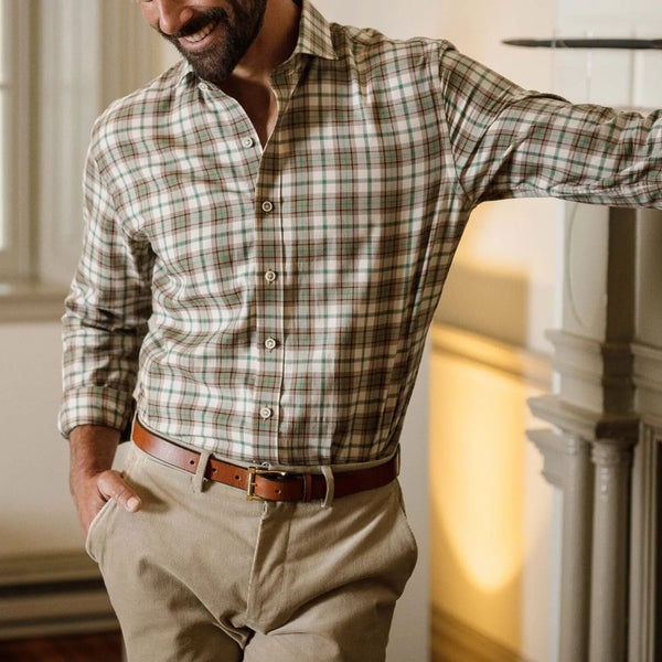 Man wearing Green Bradford Plaid casual shirt - lifestyle photo