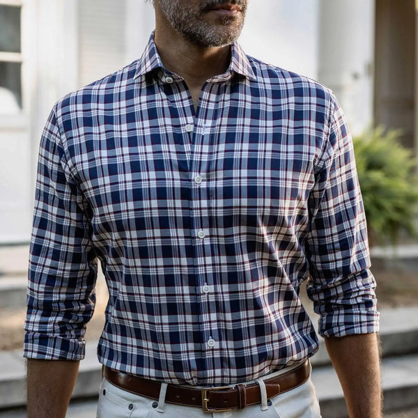 Man wearing Vintage Navy Bradford Check casual shirt with short spread collar - lifestyle photo