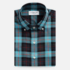 Ledbury Blue Albini Olson Plaid Custom Shirt folded flat, teal and navy plaid with red accents, button-down collar