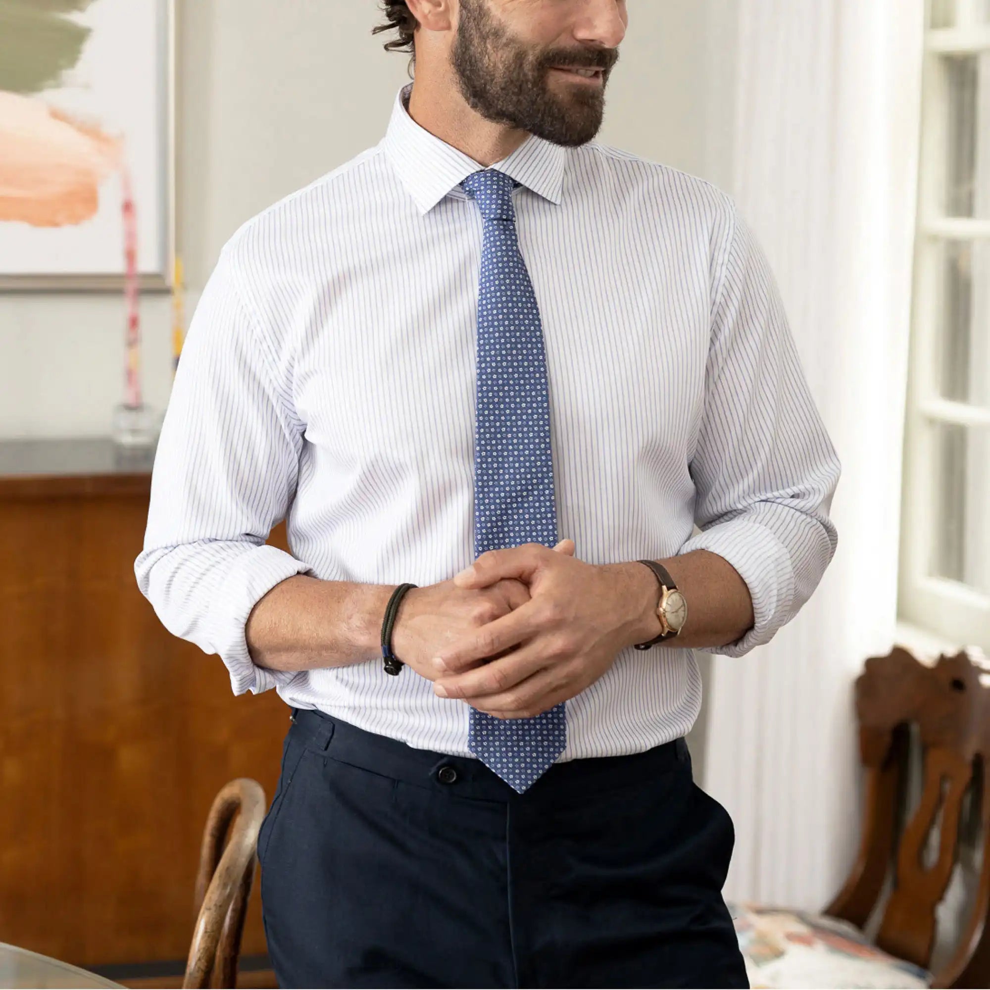 The Blue Owenby Comfort Stretch Stripe Custom Shirt Custom Dress Shirt- Ledbury