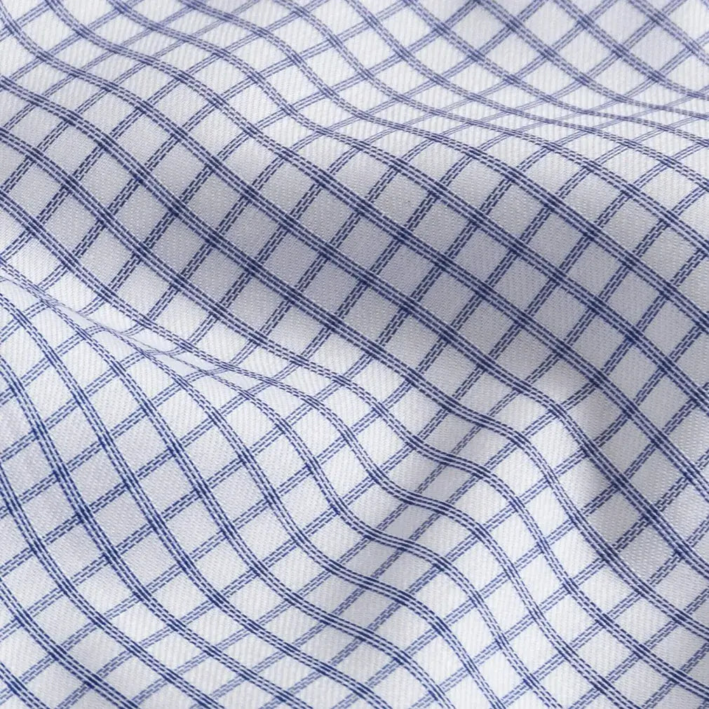 Blue check fabric close-up - Ledbury Comfort Stretch 100% cotton shirting