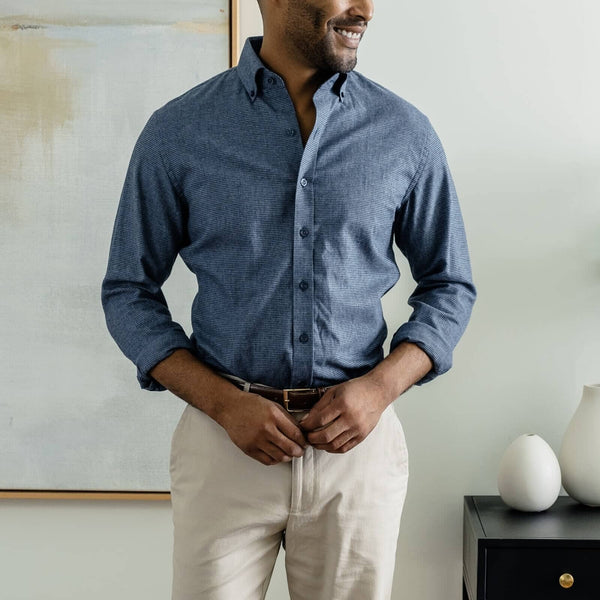 Man wearing blue houndstooth casual shirt - brushed twill flannel