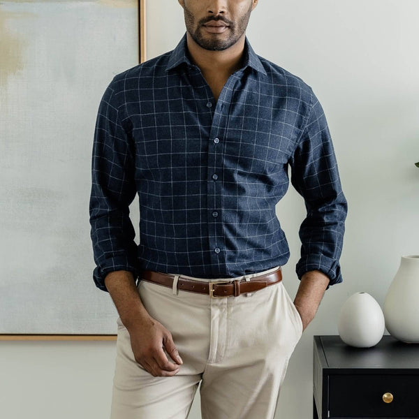 Man wearing navy windowpane casual shirt - brushed twill flannel