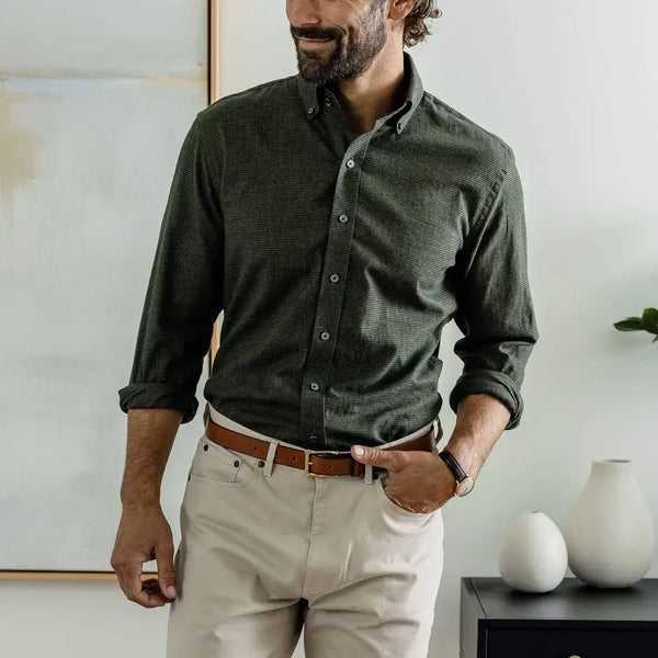 Man wearing green houndstooth casual shirt - brushed twill flannel