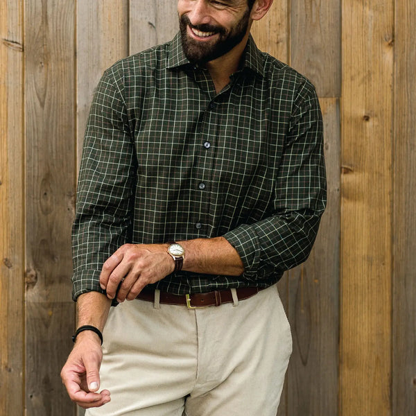 Man wearing a dark green, pink and cream windowpane shirt by Ledbury