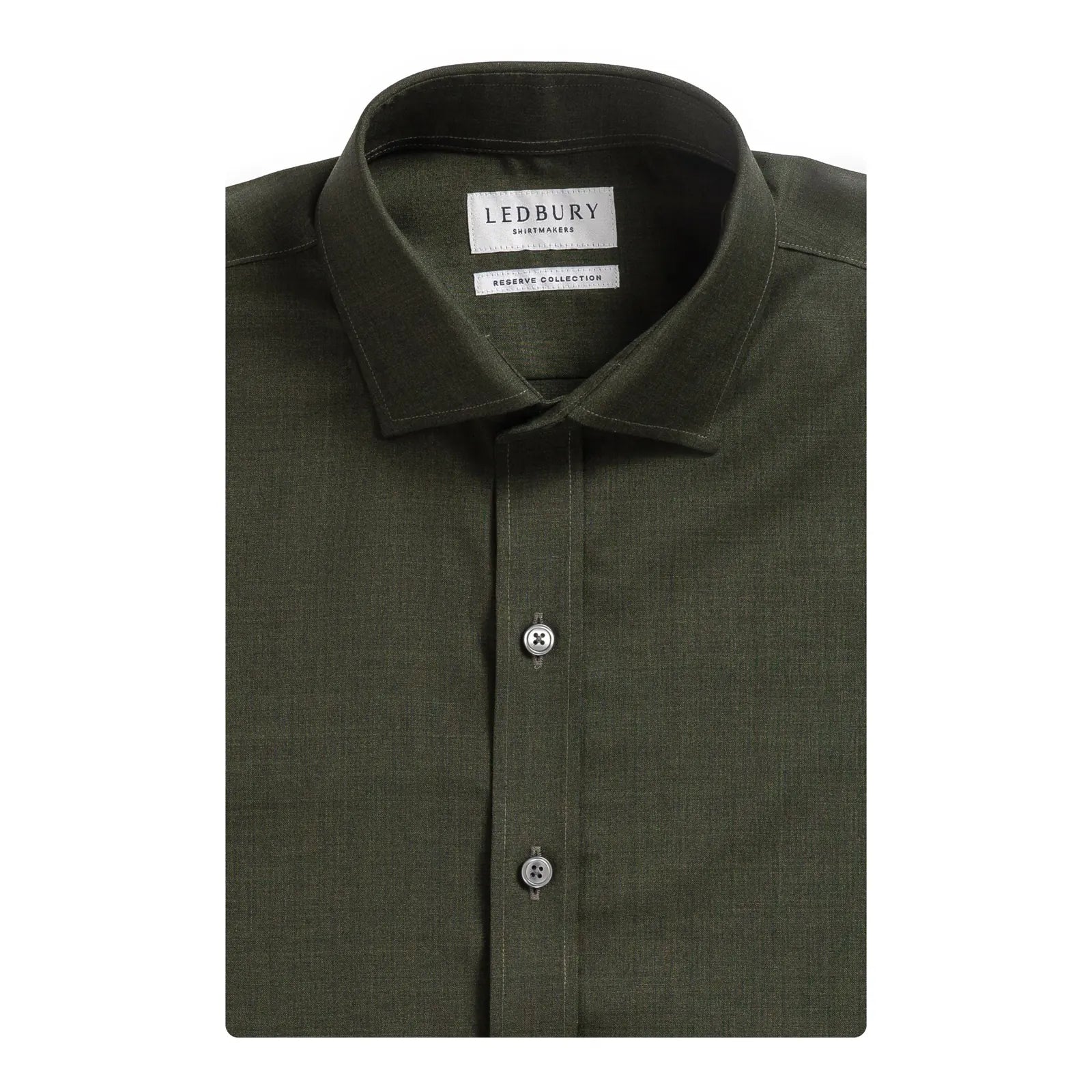 An olive green Merino wool long-sleeve dress shirt by Ledbury, shown folded against a plain white background.