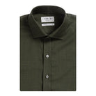 An olive green Merino wool long-sleeve dress shirt by Ledbury, shown folded against a plain white background.
