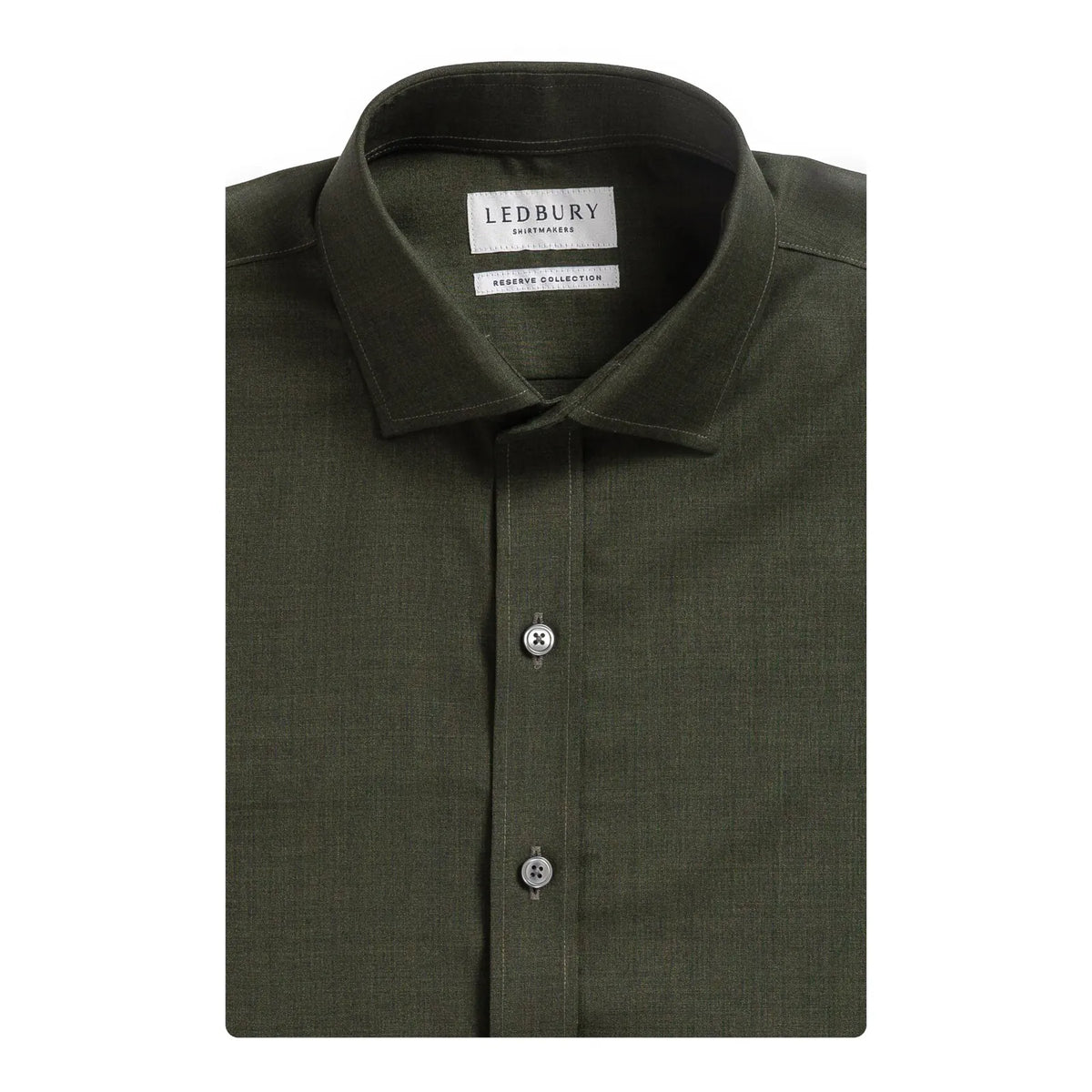 An olive green Merino wool long-sleeve dress shirt by Ledbury, shown folded against a plain white background.