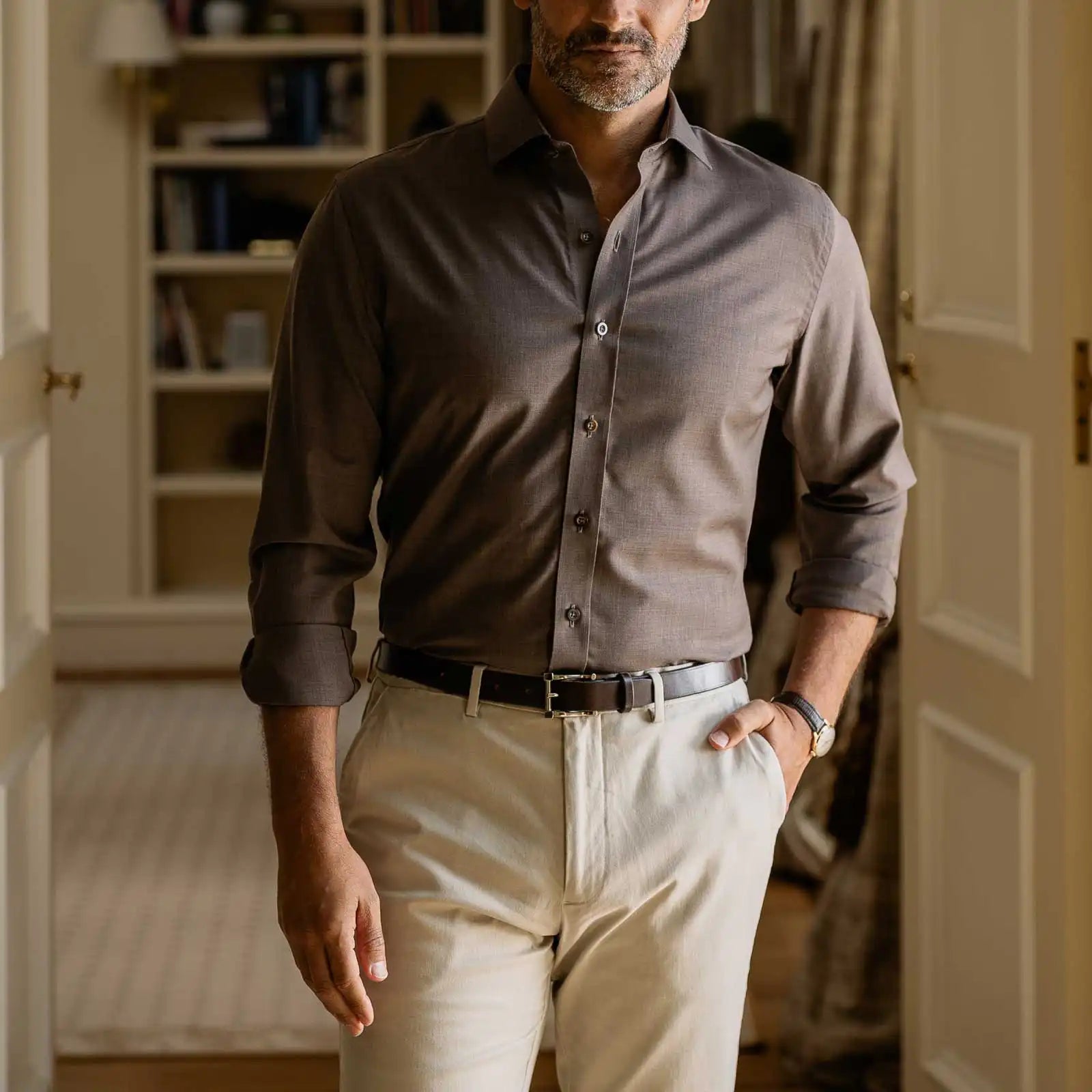 The Soft Brown Reda Active Comfort Stretch Merino Custom Shirt Custom Dress Shirt- Ledbury