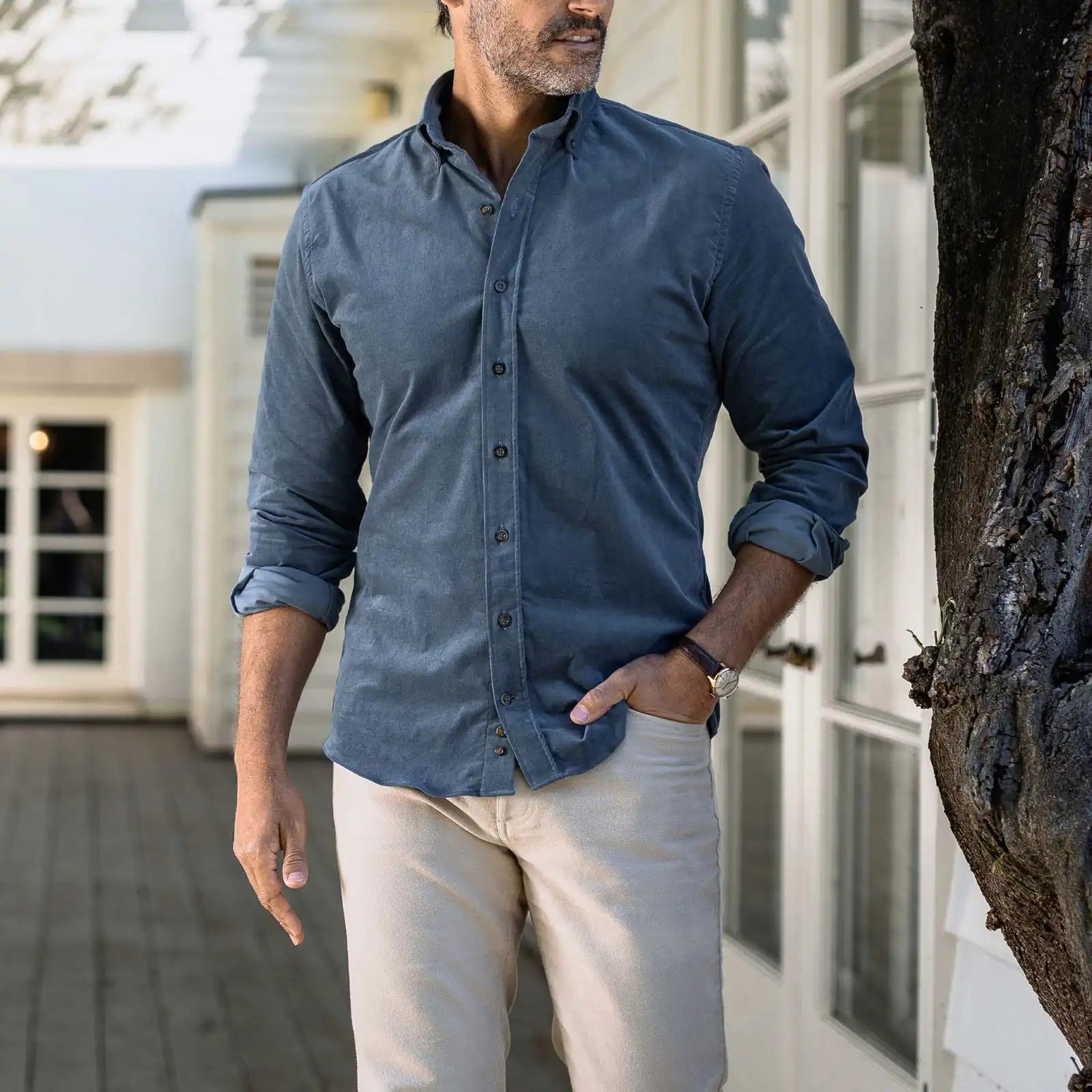 The Slate Blue Foxcroft Corduroy Custom Shirt Custom Casual Shirt- Ledbury