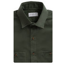 An olive green long-sleeve button-down shirt by Ledbury, folded to show the collar, front buttons, and chest pockets against a plain white background.