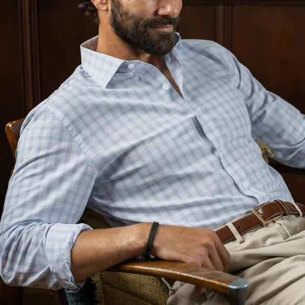 Man wearing light blue check dress shirt lifestyle - Ledbury Chamlin custom fit shirt