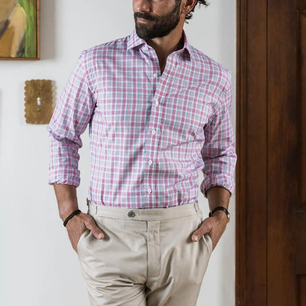 Man wearing Watermelon Winstead Plaid Custom Shirt - lifestyle photo showing versatile warm-weather styling