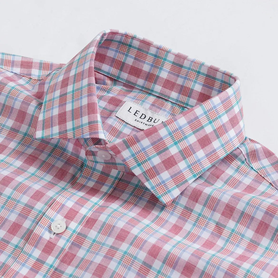 Watermelon Winstead Plaid Custom Shirt collar detail - semi spread Quint collar and premium construction