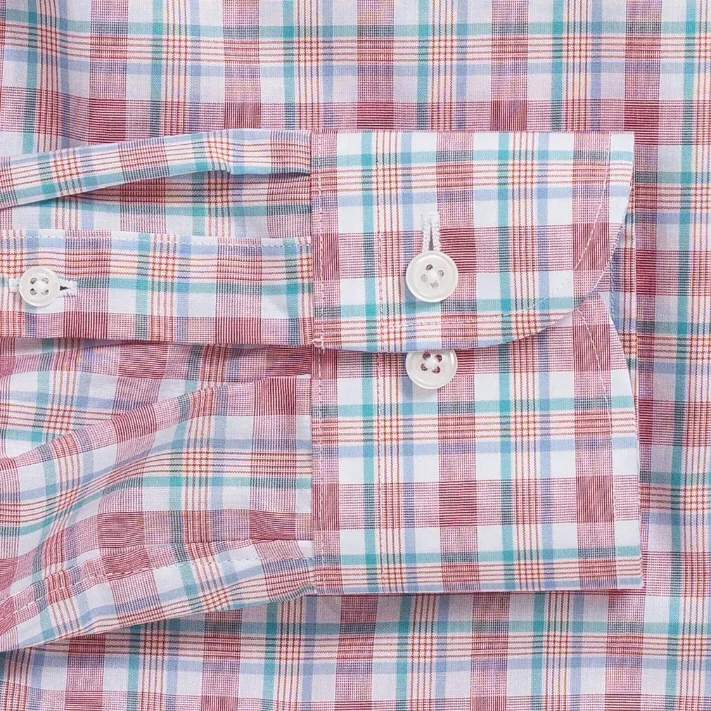 Watermelon Winstead Plaid Custom Shirt sleeve detail - lightweight poplin fabric with bold plaid pattern