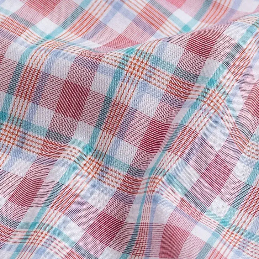 Watermelon Winstead Plaid fabric close-up - vibrant plaid weave in 100% cotton poplin