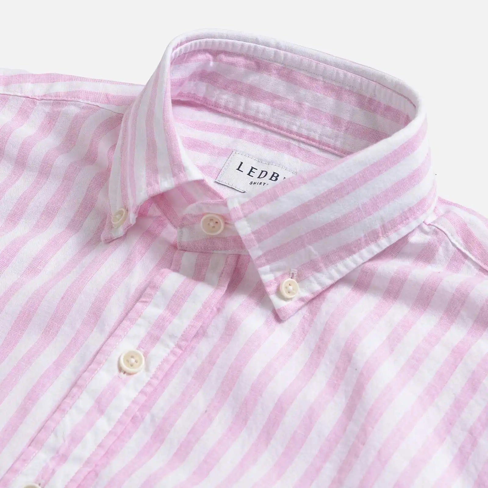 Pink stripe cotton linen shirt collar detail - 70% cotton 30% linen blend